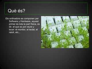 Què és?
Els ordinadors es componen per
   Software y Hardware, aquest
   primer és tota la part física, es
   dir, el que es pot veure y
   tocar: el monitor, el teclat, el
   ratolí, etc...
 