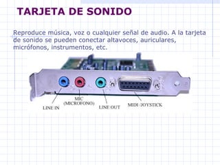 TARJETA DE SONIDO   Reproduce música, voz o cualquier señal de audio. A la tarjeta de sonido se pueden conectar altavoces,...