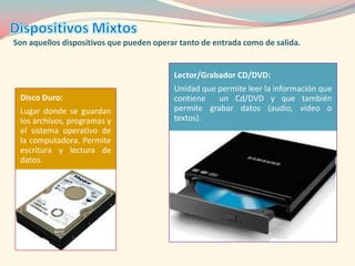 Son aquellos dispositivos que pueden operar tanto de entrada como de salida.


                                          Lector/Grabador CD/DVD:
                                          Unidad que permite leer la información que
 Disco Duro:                              contiene   un Cd/DVD y que también
 Lugar donde se guardan                   permite grabar datos (audio, video o
 los archivos, programas y                textos).
 el sistema operativo de
 la computadora. Permite
 escritura y lectura de
 datos.
 