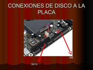 CONEXIONES DE DISCO A LACONEXIONES DE DISCO A LA
PLACAPLACA
SATA
IDE
 