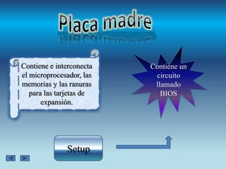 Contiene e interconecta
el microprocesador, las
memorias y las ranuras
para las tarjetas de
expansión.

Setup

Contiene un
circuito
llamado
BIOS

 