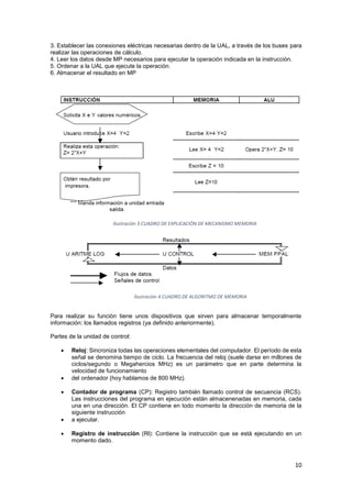 3. Establecer las conexiones eléctricas necesarias dentro de la UAL, a través de los buses para
realizar las operaciones de cálculo.
4. Leer los datos desde MP necesarios para ejecutar la operación indicada en la instrucción.
5. Ordenar a la UAL que ejecute la operación.
6. Almacenar el resultado en MP

Ilustración 3 CUADRO DE EXPLICACIÓN DE MECANISMO MEMORIA

Ilustración 4 CUADRO DE ALGORITMO DE MEMORIA

Para realizar su función tiene unos dispositivos que sirven para almacenar temporalmente
información: los llamados registros (ya definido anteriormente).
Partes de la unidad de control:








Reloj: Sincroniza todas las operaciones elementales del computador. El período de esta
señal se denomina tiempo de ciclo. La frecuencia del reloj (suele darse en millones de
ciclos/segundo o Megahercios MHz) es un parámetro que en parte determina la
velocidad de funcionamiento
del ordenador (hoy hablamos de 800 MHz).
Contador de programa (CP): Registro también llamado control de secuencia (RCS).
Las instrucciones del programa en ejecución están almacenenadas en memoria, cada
una en una dirección. El CP contiene en todo momento la dirección de memoria de la
siguiente instrucción
a ejecutar.
Registro de instrucción (Rl): Contiene la instrucción que se está ejecutando en un
momento dado.

10

 