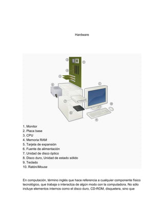 Hardware
1. Monitor
2. Placa base
3. CPU
4. Memoria RAM
5. Tarjeta de expansión
6. Fuente de alimentación
7. Unidad de disco óptico
8. Disco duro, Unidad de estado sólido
9. Teclado
10. Ratón/Mouse
En computación, término inglés que hace referencia a cualquier componente físico
tecnológico, que trabaja o interactúa de algún modo con la computadora. No sólo
incluye elementos internos como el disco duro, CD-ROM, disquetera, sino que
 