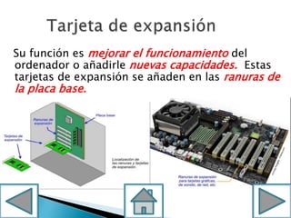 Su función es mejorar el funcionamiento del
ordenador o añadirle nuevas capacidades. Estas
tarjetas de expansión se añaden en las ranuras de
la placa base.
 