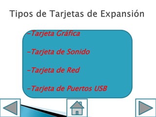 -Tarjeta Gráfica
-Tarjeta de Sonido
-Tarjeta de Red
-Tarjeta de Puertos USB
 