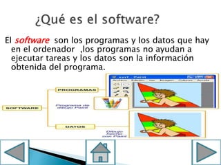 El software son los programas y los datos que hay
en el ordenador ,los programas no ayudan a
ejecutar tareas y los datos son la información
obtenida del programa.
 