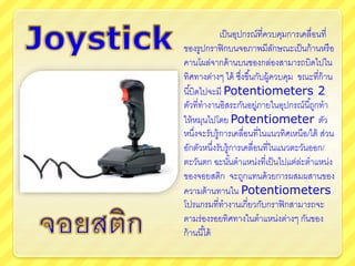 เป็นอุปกรณ์ที่ควบคุมการเคลื่อนที่
ของรูปกราฟิกบนจอภาพมีลักษณะเป็นก้านหรือ
คานโผล่จากด้านบนของกล่องสามารถบิดไปใน
ทิศทางต่างๆ ได้ ซึ่งขึ้นกับผู้ควบคุม ขณะที่ก้าน
นี้บิดไปจะมี Potentiometers 2
ตัวที่ทางานอิสระกันอยู่ภายในอุปกรณ์นี้ถูกทา
ให้หมุนไปโดย Potentiometer ตัว
หนึ่งจะรับรู้การเคลื่อนที่ในแนวทิศเหนือ/ใต้ ส่วน
อักตัวหนึ่งรับรู้การเคลื่อนที่ในแนวตะวันออก/
ตะวันตก ฉะนั้นตาแหน่งที่เป็นไปแต่ล่ะตาแหน่ง
ของจอยสติก จะถูกแทนด้วยการผสมผสานของ
ความต้านทานใน Potentiometers
โปรแกรมที่ทางานเกี่ยวกับกราฟิกสามารถจะ
ตามร่องรอยทิศทางในตาแหน่งต่างๆ กันของ
ก้านนี้ได้
 