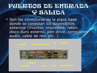 PPUUEERRTTOOSS DDEE EENNTTRRAADDAA 
YY SSAALLIIDDAA 
 SSoonn llooss ccoonneeccttoorreess ddee llaa ppllaaccaa bbaassee 
ddoonnddee ssee ccoonneeccttaann llooss ddiissppoossiittiivvooss 
eexxtteerrnnooss ((mmoonniittoorr,, iimmpprreessoorraa,, rraattóónn,, 
ddiissccoo dduurroo eexxtteerrnnoo,, ppeenn ddrriivvee,, ccoonneeccttoorreess 
aauuddiioo,, ccaabbllee ddee rreedd,, eettcc....)) 
 