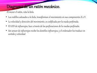 Diagrama de un ratón mecánico.
Al mover el ratón, rota la bola.
• Los rodillos adosados a la bola, transforman el movimiento en sus componentes X e Y.
• La velocidad y dirección del movimiento, es codificada por la rueda perforada.
• El LED de infrarrojos, luce a través de las perforaciones de la ruedas perforada.
• Un sensor de infrarrojos recibe los destellos infrarrojos, y el ordenador los traduce en
sentido y velocidad
 