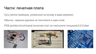 Части: печатная плата
Суть (моток проводов, уложенный на основу в виде дорожек)
Обычно - медные дорожки на текстолите в один слой.
PCB (printed circuit board) печатная плат на текстолите толщиной 0,2-3,2мм
 