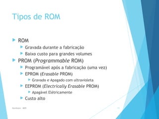 Tipos de ROM
 ROM
 Gravada durante a fabricação
 Baixo custo para grandes volumes
 PROM (Programmable ROM)
 Programável após a fabricação (uma vez)
 EPROM (Erasable PROM)
 Gravado e Apagado com ultravioleta
 EEPROM (Electrically Erasable PROM)
 Apagável Elétricamente
 Custo alto
Hardware - MEB 13
 