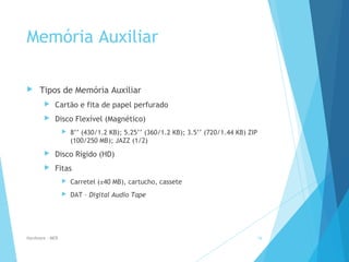 Memória Auxiliar
 Tipos de Memória Auxiliar
 Cartão e fita de papel perfurado
 Disco Flexível (Magnético)
 8’’ (430/1.2 KB); 5.25’’ (360/1.2 KB); 3.5’’ (720/1.44 KB) ZIP
(100/250 MB); JAZZ (1/2)
 Disco Rígido (HD)
 Fitas
 Carretel (±40 MB), cartucho, cassete
 DAT – Digital Audio Tape
Hardware - MEB 16
 