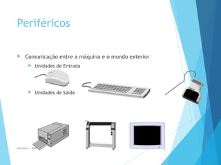 Periféricos
 Comunicação entre a máquina e o mundo exterior
 Unidades de Entrada
 Unidades de Saída
Hardware - MEB
22
 
