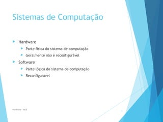 Sistemas de Computação
 Hardware
 Parte física do sistema de computação
 Geralmente não é reconfigurável
 Software
 Parte lógica do sistema de computação
 Reconfigurável
Hardware - MEB
3
 