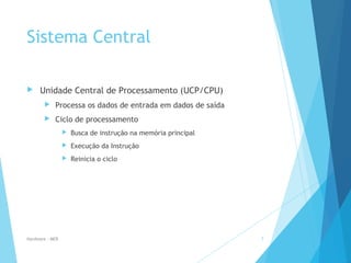Sistema Central
 Unidade Central de Processamento (UCP/CPU)
 Processa os dados de entrada em dados de saída
 Ciclo de processamento
 Busca de instrução na memória principal
 Execução da Instrução
 Reinicia o ciclo
Hardware - MEB 7
 