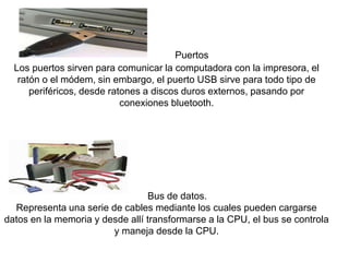 Puertos
Los puertos sirven para comunicar la computadora con la impresora, el
ratón o el módem, sin embargo, el puerto USB sirve para todo tipo de
periféricos, desde ratones a discos duros externos, pasando por
conexiones bluetooth.
Bus de datos.
Representa una serie de cables mediante los cuales pueden cargarse
datos en la memoria y desde allí transformarse a la CPU, el bus se controla
y maneja desde la CPU.
 