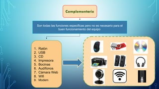 Son todas las funciones especificas pero no es necesario para el
buen funcionamiento del equipo
1. Ratón
2. USB
3. CD
4. Impresora
5. Bocinas
6. Audífonos
7. Cámara Web
8. Wifi
9. Modem
 