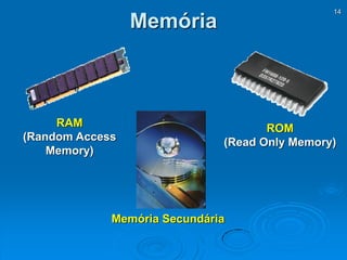 14
Memória
RAM
(Random Access
Memory)
Memória Secundária
ROM
(Read Only Memory)
 