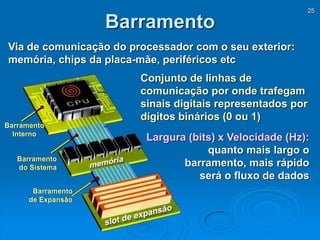 25
Barramento
Via de comunicação do processador com o seu exterior:
memória, chips da placa-mãe, periféricos etc
Barramento
Interno
Barramento
do Sistema
Barramento
de Expansão
Conjunto de linhas de
comunicação por onde trafegam
sinais digitais representados por
dígitos binários (0 ou 1)
Largura (bits) x Velocidade (Hz):
quanto mais largo o
barramento, mais rápido
será o fluxo de dados
 