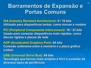 29
ISA (Industry Standard Architecture): 8 / 16 bits
Utilizado para dispositivos lentos, como mouse e modem
PCI (Peripheral Componente Interconnect): 16 / 32 bits
Usado para conectar dispositivos mais rápidos, como
discos rígidos e placas de rede
AGP (Accelerated Graphics Port): 64 bits
Conexão autônoma entre a memória e a placa gráfica
(vídeo)
USB (Universal Serial Bus): 64 bits
Tecnologia que tornou mais simples e fácil a conexão de
diversos tipos de periféricos
Barramentos de Expansão e
Portas Comuns
 