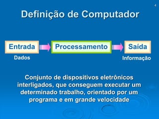 4
Definição de Computador
Entrada Processamento
Conjunto de dispositivos eletrônicos
interligados, que conseguem executar um
determinado trabalho, orientado por um
programa e em grande velocidade
Dados Informação
Saída
 