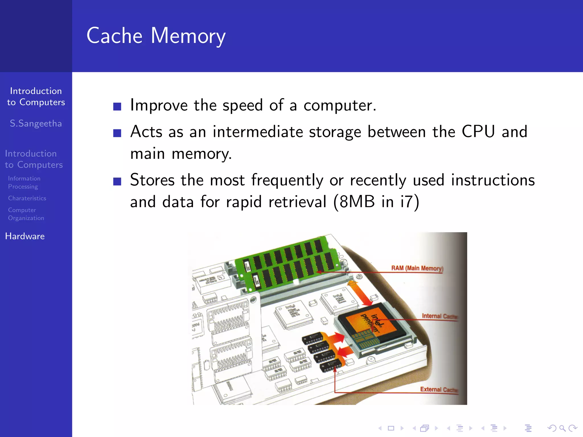 Introduction
to Computers
S.Sangeetha
Introduction
to Computers
Information
Processing
Charateristics
Computer
Organization
Hardware
Cache Memory
Improve the speed of a computer.
Acts as an intermediate storage between the CPU and
main memory.
Stores the most frequently or recently used instructions
and data for rapid retrieval (8MB in i7)
 