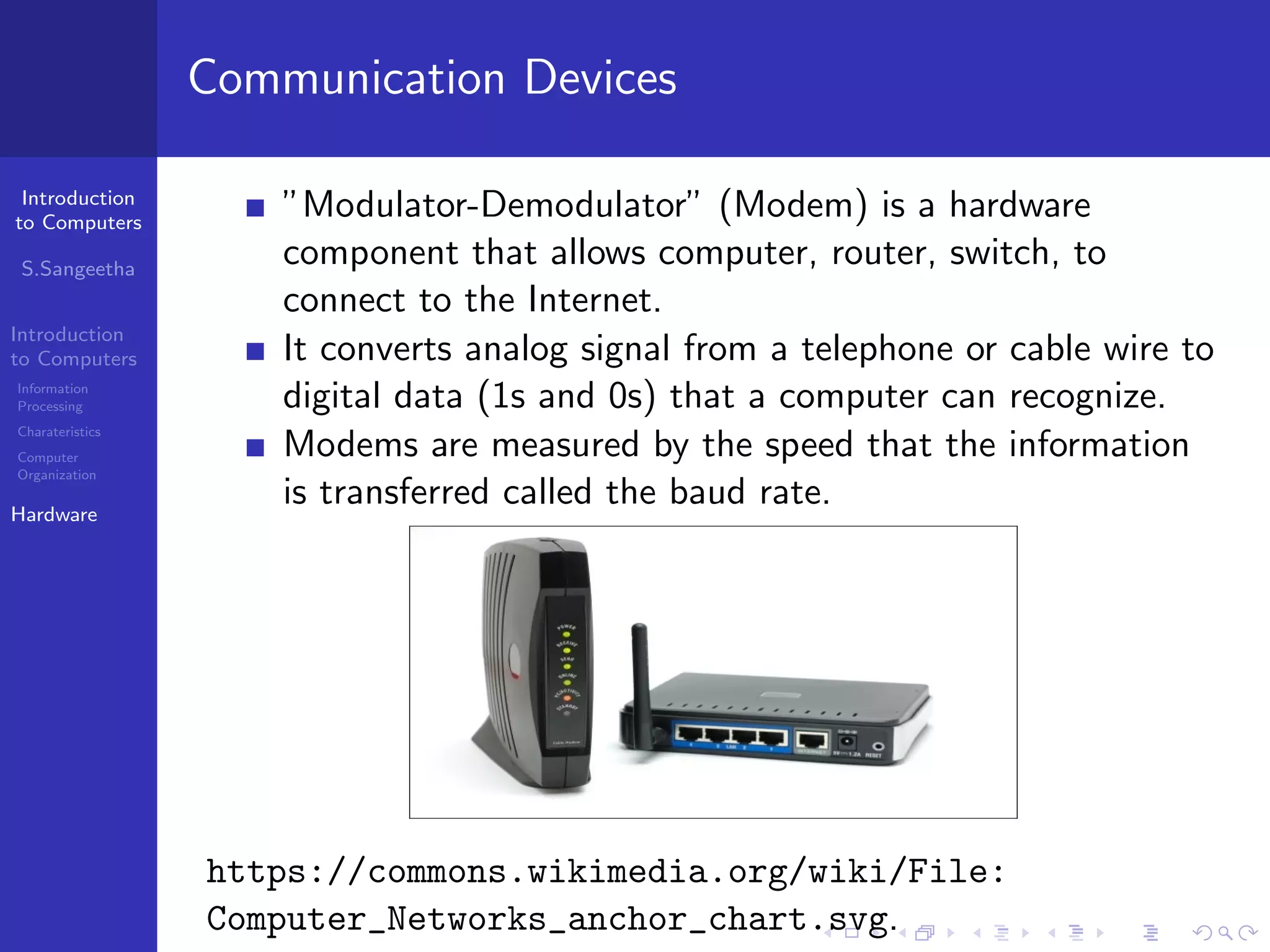 Introduction
to Computers
S.Sangeetha
Introduction
to Computers
Information
Processing
Charateristics
Computer
Organization
Hardware
Communication Devices
”Modulator-Demodulator” (Modem) is a hardware
component that allows computer, router, switch, to
connect to the Internet.
It converts analog signal from a telephone or cable wire to
digital data (1s and 0s) that a computer can recognize.
Modems are measured by the speed that the information
is transferred called the baud rate.
https://commons.wikimedia.org/wiki/File:
Computer_Networks_anchor_chart.svg.
 