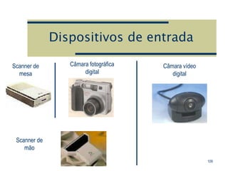 Dispositivos de entrada
Câmara fotográfica
digital
Câmara vídeo
digital
Scanner de
mesa
Scanner de
mão
109
 