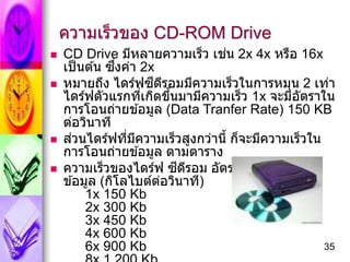 35
ความเร็วของ CD-ROM Drive
 CD Drive มีหลายความเร็ว เช่น 2x 4x หรือ 16x
เป็นต ้น ซึ่งค่า 2x
 หมายถึง ไดร์ฟซีดีรอมมีความ...
