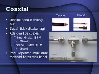 Coaxial
• Dipakai pada teknologi
Bus
• Sudah tidak dipakai lagi
• Ada dua tipe coaxial :
– Thinnet  Max 185 M
• 10Base2
– Thicknet  Max 500 M
• 10Base5
• Perlu repeater untuk jarak
melebihi batas max kabel
Thicknet Thinnet
 