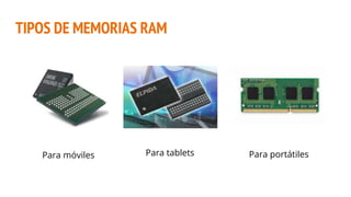 TIPOS DE MEMORIAS RAM
Para móviles Para tablets Para portátiles
 