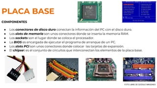 PLACA BASE
COMPONENTES
● Los conectores de disco duro conectan la información del PC con el disco duro.
● Los slots de memoria son unos conectores donde se inserta la memoria RAM.
● Los sockets son el lugar donde se coloca el procesador.
● La BIOS es encargada de ejecutar el programa de arranque de un PC.
● Los slots PCI son unos conectores donde colocar las tarjetas de expansión.
● El chipset es el conjunto de circuitos que interconectan los elementos de la placa base.
FOTO LIBRE DE GOOGLE IMÁGENES
 