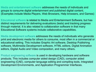 Media and entertainment software  addresses the needs of individuals and groups to consume digital entertainment and published digital content. (Examples include Media Players, Web Browsers, Help browsers, and Games)  Educational software  is related to Media and Entertainment Software, but has distinct requirements for delivering evaluations (tests) and tracking progress through material. It is also related to collaboration software in that many Educational Software systems include collaborative capabilities. Media development software  addresses the needs of individuals who generate print and electronic media for others to consume, most often in a commercial or educational setting. This includes Graphic Art software, Desktop Publishing software, Multimedia Development software, HTML editors, Digital Animation editors, Digital Audio and Video composition, and many others.  Product engineering software  is used in developing hardware and software products. This includes computer aided design (CAD), computer aided engineering (CAE), computer language editing and compiling tools, Integrated Development Environments, and Application Programmer Interfaces.  