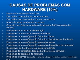 CAUSAS DE PROBLEMAS COM HARDWARE (10%) Placas mau encaixadas nos slots Flat cables conectados de maneira errada Flat cables mau encaixados nos seus conectores Ajuste do setup inexistente ou errado Conexão mau feita dos módulos de memória RAM (correção dos bancos) Problemas com cabos de alimentação Problemas com os cabos externos de dados Problemas com a configuração física das placas Problemas com a configuração física dos dispositivos de hardware Problemas com a configuração lógica das placas Problemas com a configuração lógica dos dispositivos de hardware Dispositivos de hardware e/ou placa com defeito Problemas de compatibilidade de hardware e/ou software Problemas de operação do hardware Problemas externos ( oscilação de energia, vibração mecânica, campos magnéticos, etc ) 