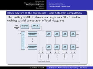 Introduction
The implemented algorithm
The implemented system
Results
Conclusions
System architecture
NRULBP computation
Local histogram computation
Block diagram of the coprocessor - local histogram computation
The resulting NRULBP stream is arranged as a 50 × 1 window,
enabling parallel computation of local histograms
M. Fularz, M. Kraft A Hardware Architecture for Calculating LBP-Based...
 