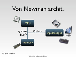 Von Newman archit.

                           CPU

                     system            i/o bus
                                                               input/output
                       bus(*)

                         memory


(*) front side bus
                                4626. Introd to Computer Science
 