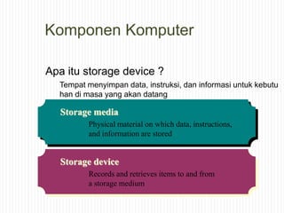 Komponen Komputer
Apa itu storage device ?
Tempat menyimpan data, instruksi, dan informasi untuk kebutu
han di masa yang akan datang
Storage media
Physical material on which data, instructions,
and information are stored
Storage device
Records and retrieves items to and from
a storage medium
 
