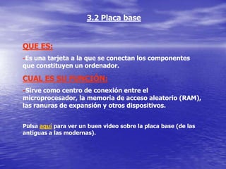 3.2 Placa base


QUE ES:
-Es una tarjeta a la que se conectan los componentes
que constituyen un ordenador.

CUAL ES SU FUNCIÓN:
-Sirve como centro de conexión entre el
microprocesador, la memoria de acceso aleatorio (RAM),
las ranuras de expansión y otros dispositivos.


Pulsa aquí para ver un buen video sobre la placa base (de las
antiguas a las modernas).
 