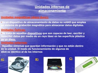 Unidades internas de
                              almacenamiento
Unidades magnéticas (disco duro):
-Es un dispositivo de almacenamiento de datos no volátil que emplea
un sistema de grabación magnética para almacenar datos digitales.
Unidades Ópticas:
-Se trata de aquellos dispositivos que son capaces de leer, escribir y
reescribir datos por medio de un rayo láser en las superficie plástica
de un disco.
Unidades externas:
-Aquellos sistemas que guardan información y que no están dentro
de la unidad. El modo de funcionamiento de algunos de
ellos es idéntico al de los internos


A)                          B)                           C)
 