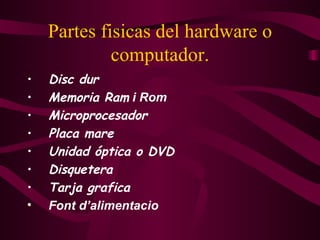 Partes fisicas del hardware o computador. Disc  dur   Memoria Ram   i Rom Microprocesador   Placa mare Unidad óptica o DVD   Disquetera Tarja grafica Font d’alimentacio 