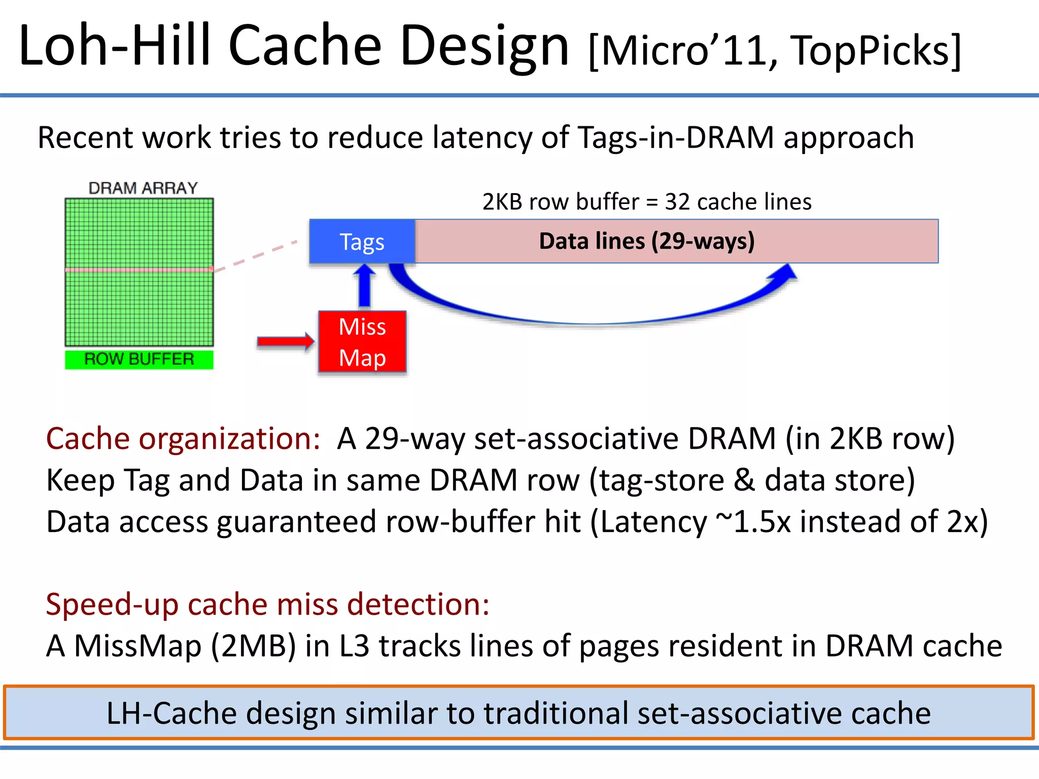 Loh-Hill Cache Design [Micro’11, TopPicks]
Recent work tries to reduce latency of Tags-in-DRAM approach
LH-Cache design similar to traditional set-associative cache
2KB row buffer = 32 cache lines
Speed-up cache miss detection:
A MissMap (2MB) in L3 tracks lines of pages resident in DRAM cache
Miss
Map
Data lines (29-ways)Tags
Cache organization: A 29-way set-associative DRAM (in 2KB row)
Keep Tag and Data in same DRAM row (tag-store & data store)
Data access guaranteed row-buffer hit (Latency ~1.5x instead of 2x)
 