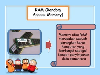 RAM (Random
Access Memory)
Memory atau RAM
merupakan sebuah
perangkat keras
komputer yang
berfungsi sebagai
tempat penyimpanan
data sementara
 