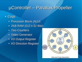 µController – Parallax Propeller
●   Cogs
    ●   Processor Block (ALU)
    ●   2KB RAM (512 x 32 Bits)
    ●   Two Counters
    ●   Video Generator
    ●   I/O Output Register
    ●   I/O Direction Register
 