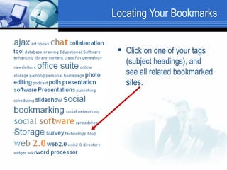 Locating Your Bookmarks Click on one of your tags (subject headings), and see all related bookmarked sites.  