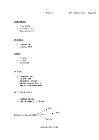 Página 10          24/04/2008-claydson   Página 10



CD-ROM RW

   •   Leitor de CD
   •   Gravador de CD
   •   Regravador de CD



DVD-ROM

   •   Leitor de CD
   •   Leitor de DVD


Combo

   •   CD ROM
   •   CD-RW
   •   DVD-ROM



DVD-RW

   •   CD-ROM - 60X
   •   CD-RW –52X
   •   DVD-ROM -8X / 2X
       GRAVADOR DE DVD E
       REGRAVADOR DE DVD


DRIVE DE CD ROM


   •   LEITOR DE CD
   •   VELOCIDADE 4X ATÉ 60X


                                    CD

                                              CD-R
Existem três tipos de Mídia

                                   CR-R



                              HARDWERE E REDE
 