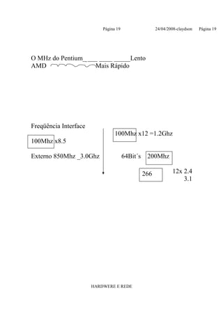 Página 19                   24/04/2008-claydson   Página 19




O MHz do Pentium_ ___ ____ _____Lento
AMD                 Mais Rápido




Freqüência Interface
                                 100Mhz x12 =1.2Ghz
100Mhz x8.5

Externo 850Mhz _3.0Ghz                 64Bit´s    200Mhz

                                                 266           12x 2.4
                                                                   3.1




                       HARDWERE E REDE
 