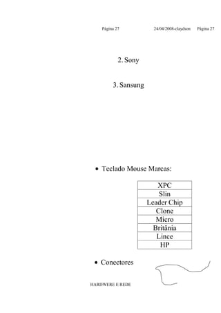 Página 27           24/04/2008-claydson   Página 27




            2. Sony


         3. Sansung




 • Teclado Mouse Marcas:

                         XPC
                          Slin
                      Leader Chip
                         Clone
                         Micro
                        Britânia
                         Lince
                          HP

 • Conectores

HARDWERE E REDE
 