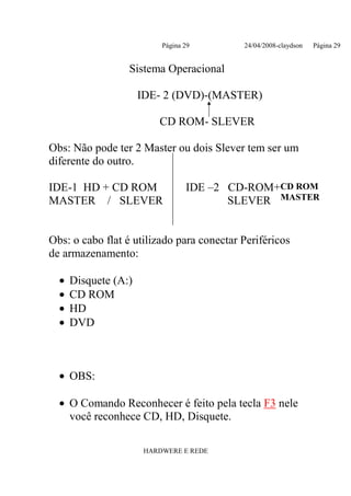 Página 29       24/04/2008-claydson   Página 29


                  Sistema Operacional

                      IDE- 2 (DVD)-(MASTER)

                          CD ROM- SLEVER

Obs: Não pode ter 2 Master ou dois Slever tem ser um
diferente do outro.

IDE-1 HD + CD ROM                 IDE –2 CD-ROM+CD ROM
MASTER / SLEVER                          SLEVER MASTER


Obs: o cabo flat é utilizado para conectar Periféricos
de armazenamento:

  •   Disquete (A:)
  •   CD ROM
  •   HD
  •   DVD



  • OBS:

  • O Comando Reconhecer é feito pela tecla F3 nele
    você reconhece CD, HD, Disquete.

                       HARDWERE E REDE
 