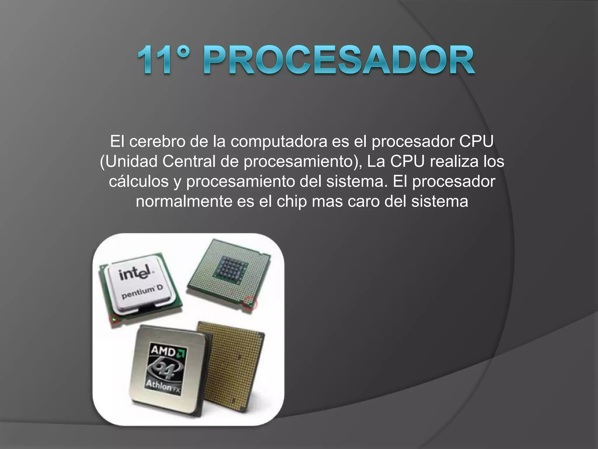 El cerebro de la computadora es el procesador CPU
(Unidad Central de procesamiento), La CPU realiza los
 cálculos y procesamiento del sistema. El procesador
     normalmente es el chip mas caro del sistema
 