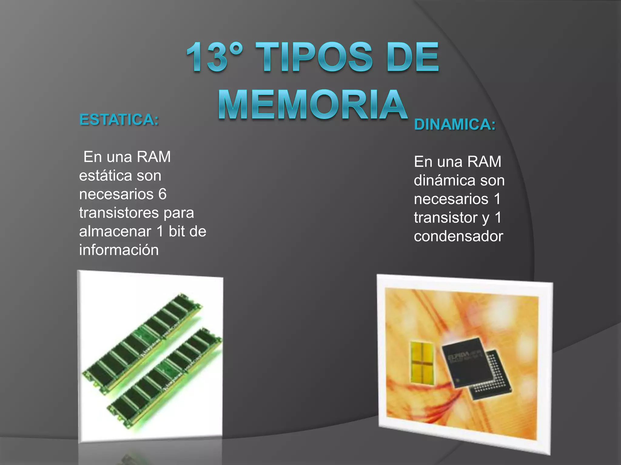 ESTATICA:            DINAMICA:

 En una RAM          En una RAM
estática son         dinámica son
necesarios 6         necesarios 1
transistores para    transistor y 1
almacenar 1 bit de   condensador
información
 